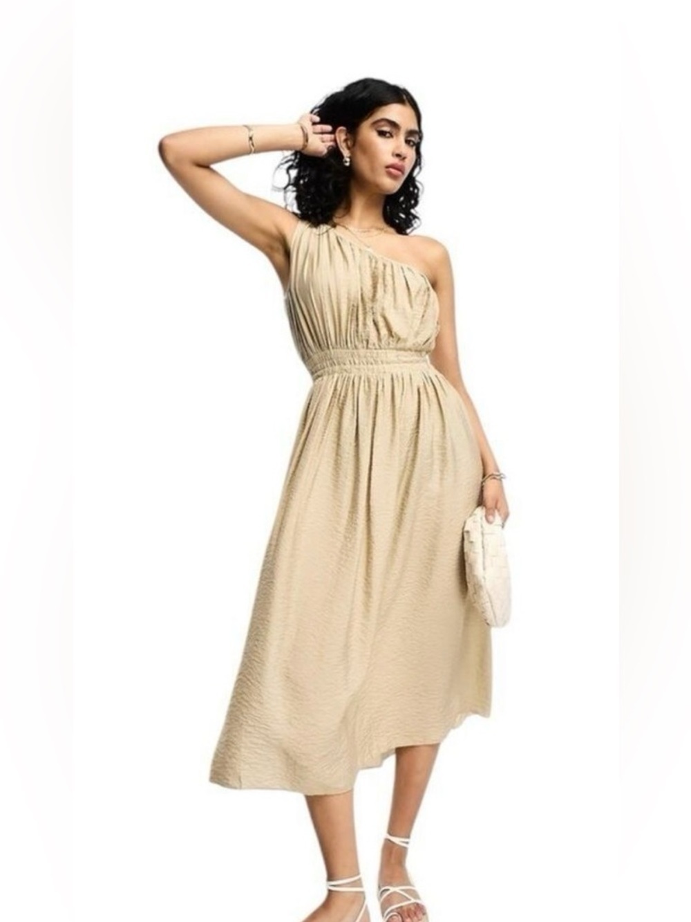 French Connection Gold One Shoulder Dress Size 8 Gold Crinkle Lightweight NWT